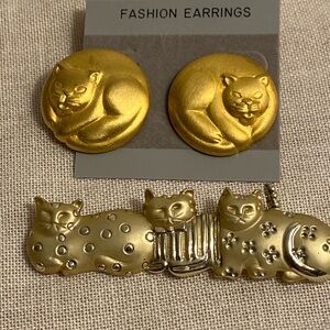 Vintage cat JJ Jonette Jewelry round cat gold earrings and AJC cat bar brooch